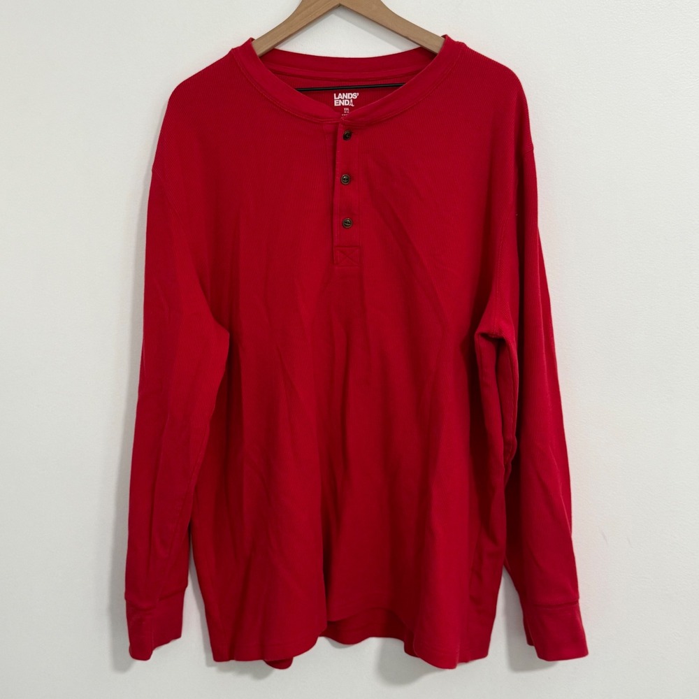 Lands End Henley Shirt Mens XXL Red Waffle Knit Cotton Blend Thermal Heritage